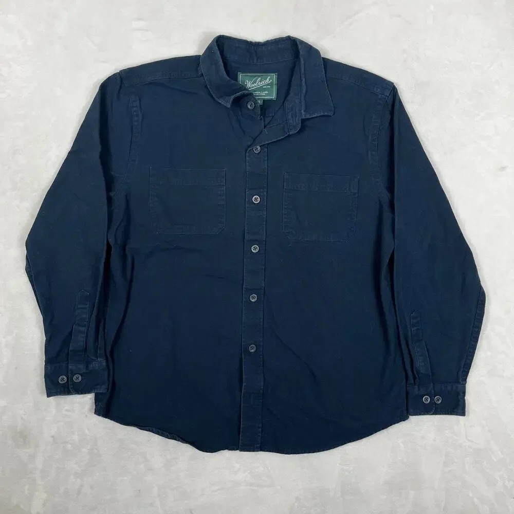 Woolrich Shirt Mens Large Blue Solid Cotton Long Sleeve Button Front Casual